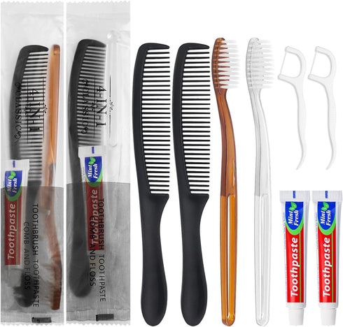 10pcs Disposable Toothbrushes with Toothpaste and Comb Floss, 4-in-1 Bulk Kit for Homeless & Hotel