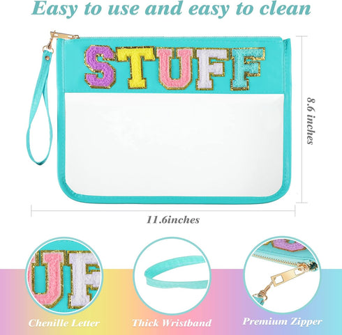 Sanwuta 2 Pcs Chenille Letter Clear Zipper Pouch - Transparent Travel Makeup Bag for Women (Beach Stuff, 11.8 x 8.2
