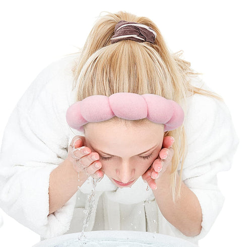 Spa Headband for Washing Face, Wristband Sponge Makeup Skincare Headband, Non-Slip Thick Hair Accessory (Pink)