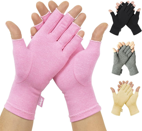 Vive Pink Arthritis Hand Compression Gloves - Comfortable Fit for Men and Women, Open Finger for Pain Relief