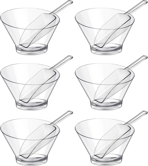 12 Pcs Plastic Clear Serving Bowls with Kitchen Scoops, Salad, Popcorn, Angled Candy Bowl for Cooking Parties, 210 ml