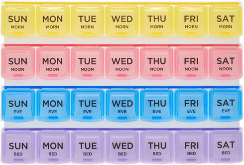 VBUOPES 4-A-Day 8.5" 28 Counter Weekly Pill Planner - Color-Coded Compartments, Easy-Open Lids |