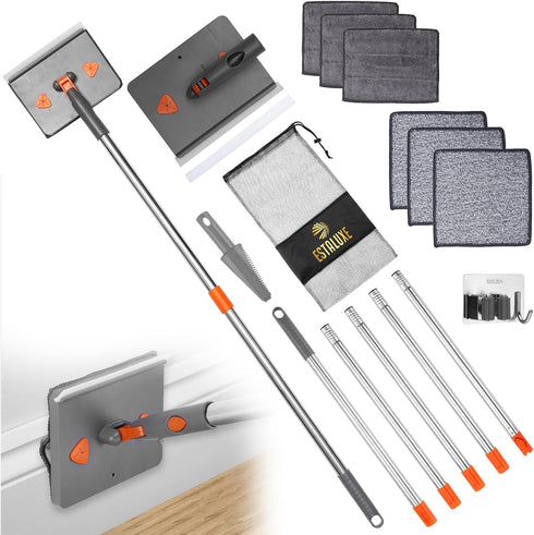 85” Baseboard Cleaner Tool with Handle, 180° Rotating Wall Mop, 6 Reusable Pads, Multifunctional Scrapper, Extension