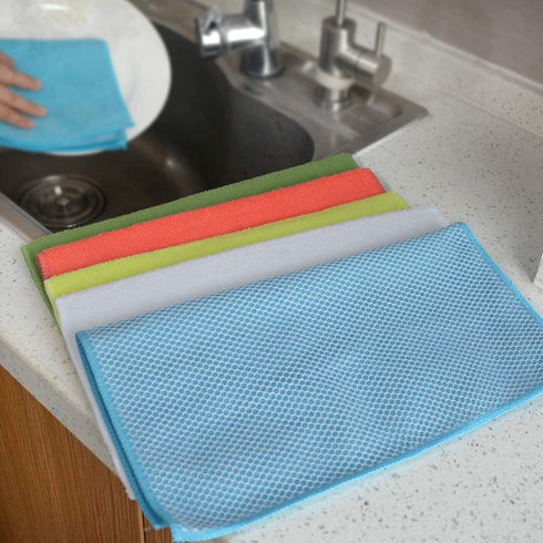 SINLAND 5 Color Assorted Microfiber Dish Cloth Towels, 12"x12", Best Kitchen Cleaning Cloths, 5 Pack