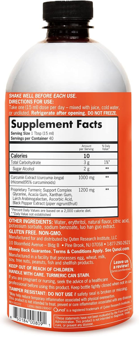 Qunol Liquid Turmeric Curcumin with Black Pepper, Turmeric Supplement 1000mg, Extra Strength, Joint Health, 40 Servings, 20.3 fl oz