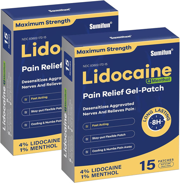 Sumifun 4% Lidocaine Patches Plus 1% Menthol, 30 Counts Maximum Strength OTC Pain Relief Patches for Back Ache
