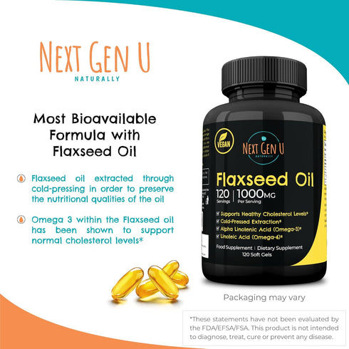 Next Gen U Flaxseed Oil w/Omega 3, 6, 9, Cold Pressed Dietary Health Food Supplement 1000 mg 120 Vegan Softgels