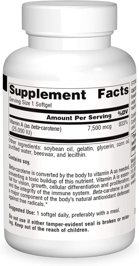 Source Naturals Beta Carotene 25000 iu Antioxidant Protection, 100 Softgels, Converted By Body To Vitamin A