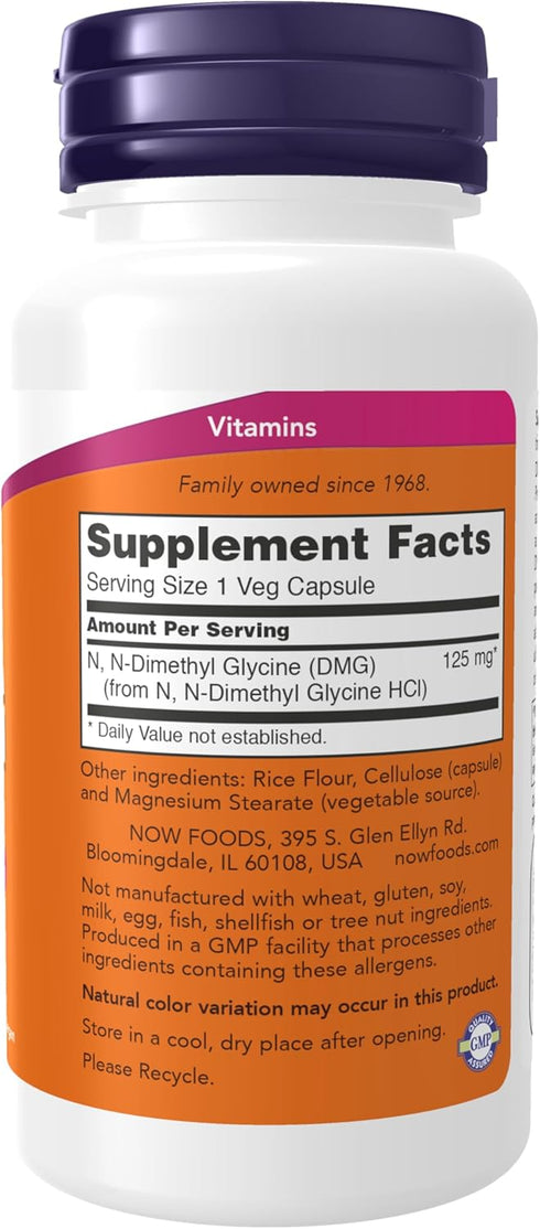 NOW Supplements, DMG (N-Dimethyl Glycine) 125 mg, Nutritional Support, 100 Veg Capsules