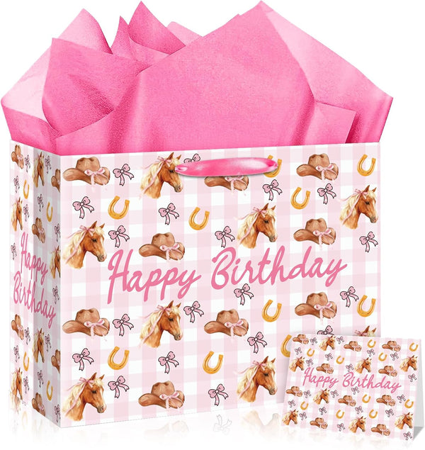 Nefrayd Cowgirl Gift Bag, Pink Western Gift Bag with Card and Tissue Paper,