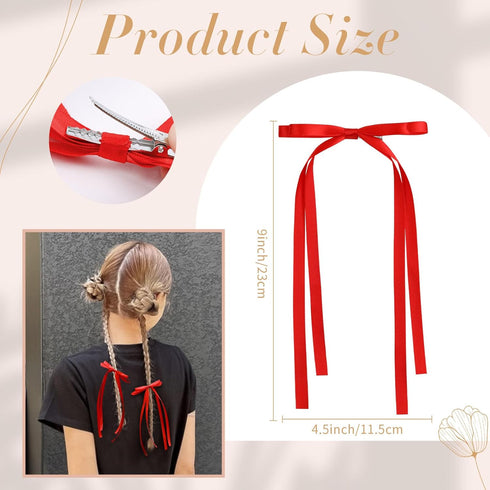 VOBOBE Hair Bows for Women - 4PCS Red Tassel Ribbon Bowknot Hair Clips Barrettes with Long Tail, Solid Satin