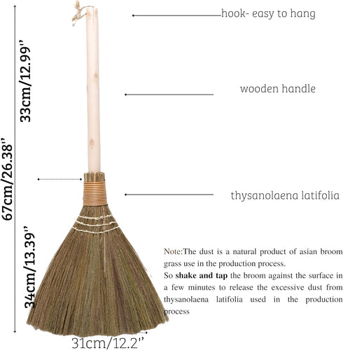 Natural Whisk Sweeping Hand Broom, Vietnamese Broom for Cleaning, Decorative Broom, 12.2" Width, 26.38" Length