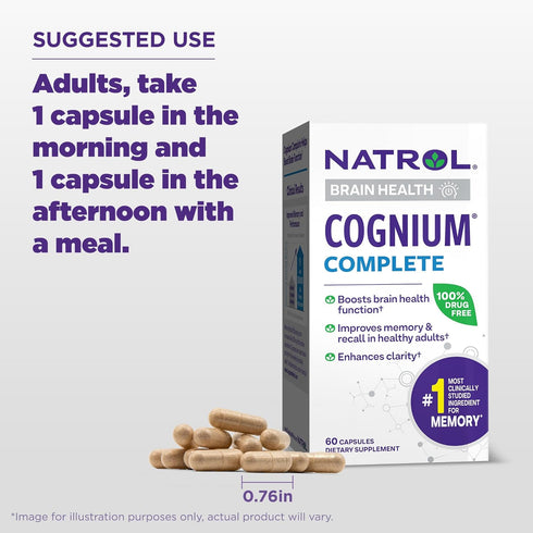 Natrol Cognium Complete Dietary Supplement for Brain Health, 60 Capsules, 30 Day Supply for Adults
