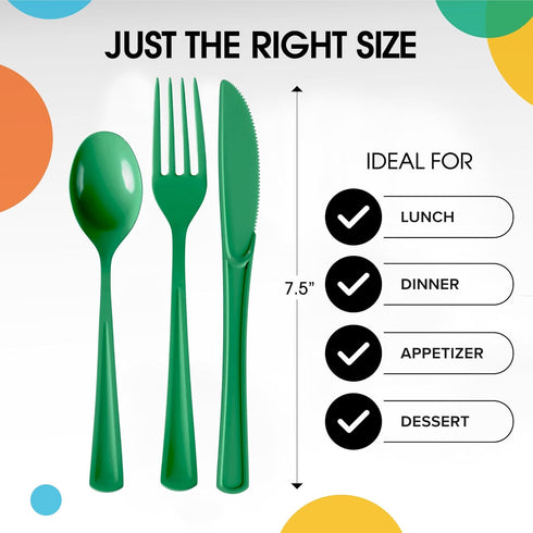 150 Pack Green Plastic Cutlery Set - Heavy Duty Disposable Utensils, 50 Forks, 50 Spoons, 50 Knives