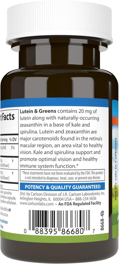 Carlson Lutein & Greens, 20 mg Vision Support & Eye Function, Antioxidant, 30 Vegetarian Capsules