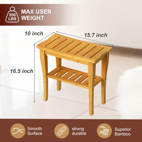 Bamboo Shower Bench Stool with Storage Shelf, Waterproof Shower Chair for Indoor or Outdoor Use, Bathroom Bench Seat