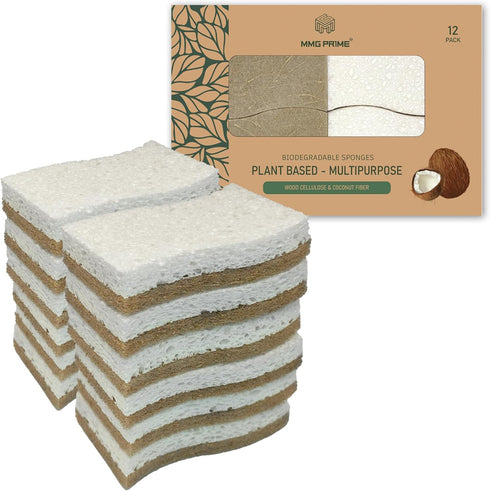 12PCS Natural Kitchen Sponges | Biodegradable Non-Scratch Cellulose and Coconut Fiber Sponge | Eco-Friendly for Dishes