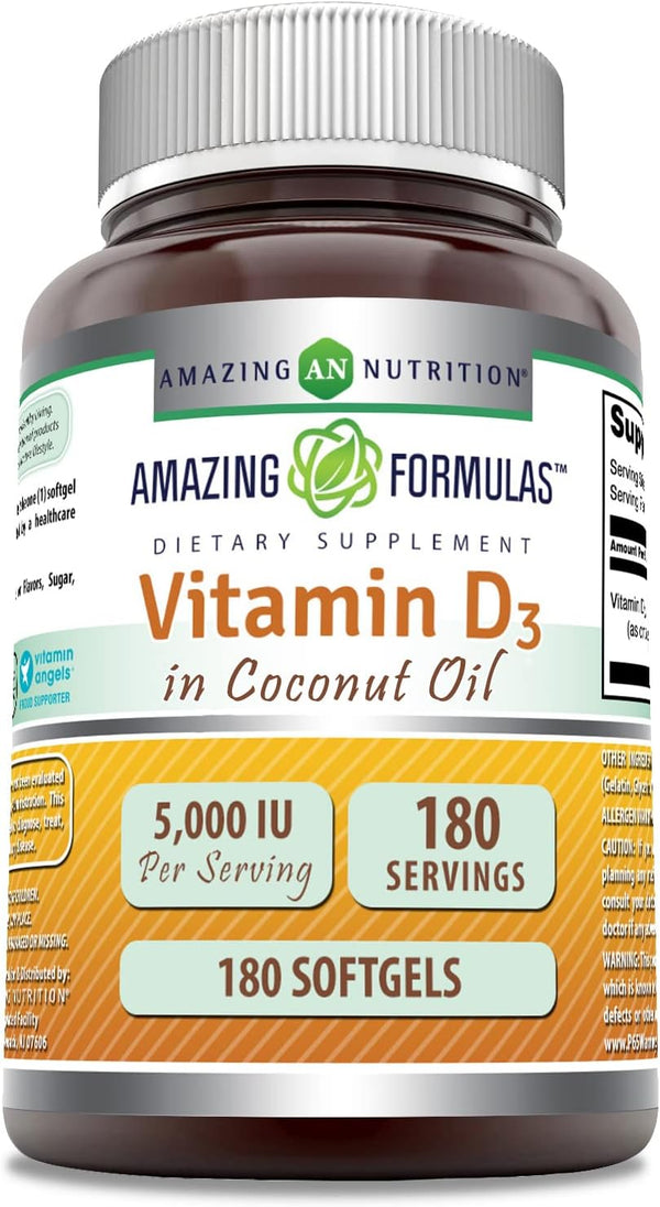 Amazing Formulas Vitamin D3 with Coconut Oil Supplement | 5000 IU Per Serving | 180 Softgels | Non-GMO, Gluten Free