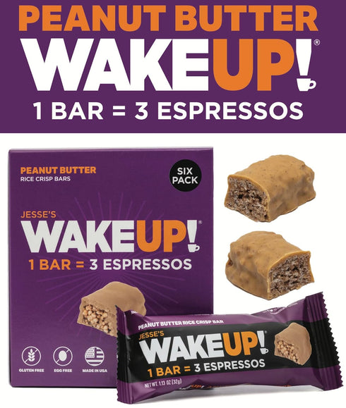 WAKE UP! Caffeinated Peanut Butter Protein Bars, Gluten Free, 350mg Caffeine, 6 Pack, Boosts Focus and Clarity