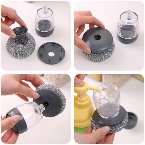 OHUINEI Soap Dispensing Dish Brush Cleaning Steel Wool Scrubber for Dishes Pans Kitchen Sink Bathtub Tile and Household