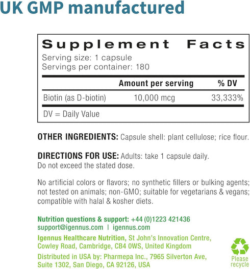 Pure Biotin 10,000mcg, Extra Strength Vitamin B7, 180 Small Easy to Swallow Capsules, Lab Verified, Vegan,