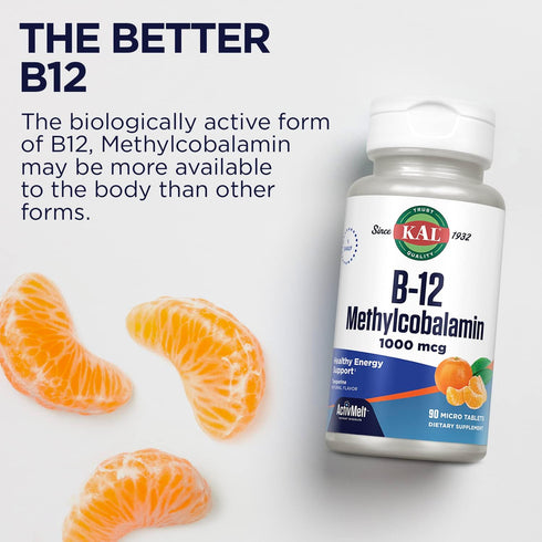 KAL Vitamin B12 Methylcobalamin 1000mcg, Healthy Energy, Metabolism, Nerve & Red Blood Cell Support, 90 Servings
