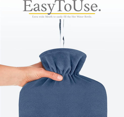 Qomfor 2L Hot Water Bottle - with Soft Premium Fleece Cover - Dark Blue, - Heating Pad for Menstrual Cramps & Period