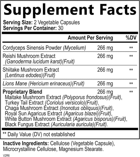 Mushroom Supplement - 10 Mushroom Complex Blend - Lions Mane, Reishi, Turkey Tail, Chaga, Cordyceps, Shiitake, Maitake - Nootropic Brain Supplement, Memory, Focus, Immune Health Support - 60 Count