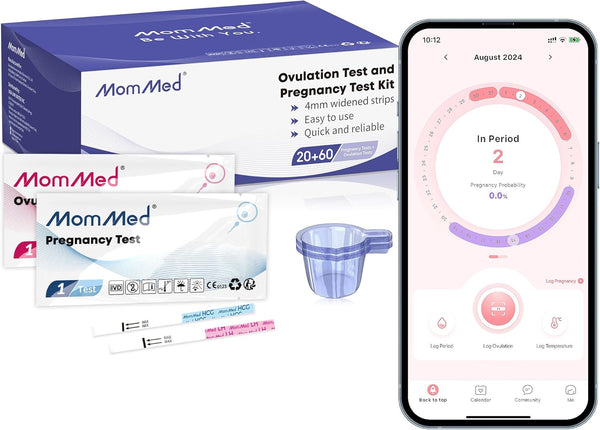 MomMed Pregnancy Test Strips (HCG20-LH60), 20 Tests, 60 Strips, 80 Urine Cups, Easy Ovulation Predictor Kit