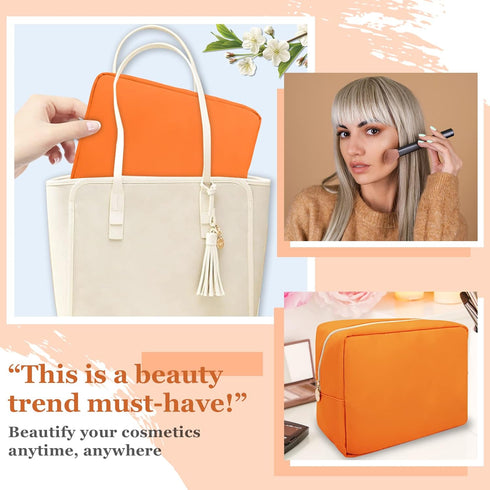 Nylon Large Travel Makeup Bag Pouch - Preppy Cute Cosmetic Zipper Organizer, Waterproof Toiletry Bag for Women Men