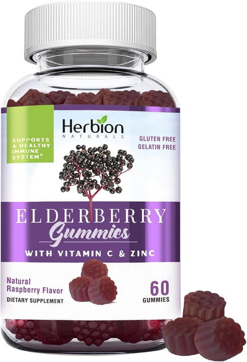 Herbion Naturals Elderberry Gummies with Vitamin C & Zinc, 60 Count for Immune Support