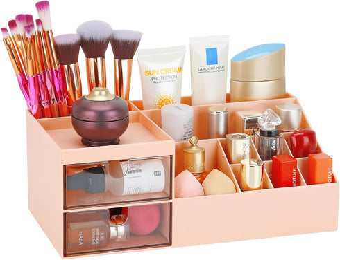 LETURE Cosmetic Makeup Vanity Organizer Box, Bathroom Counter Storage for Eyeshadows, Skin Care, Pink