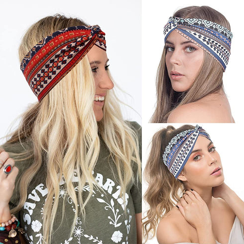 MarchQueen Boho Headbands for Women, Vintage Print Twisted Hair Bands, Stretchy Criss Cross Turban Headwrap (Boho-6pcs)