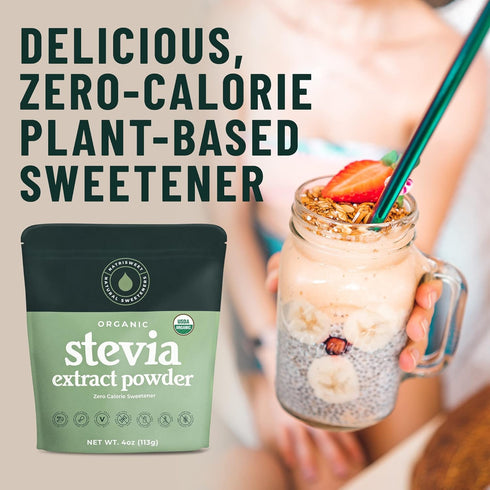 Organic 100% Pure Stevia Powder, 4 oz, Lowers Blood Sugar Levels, Bulk Powdered Sweetener for Baking