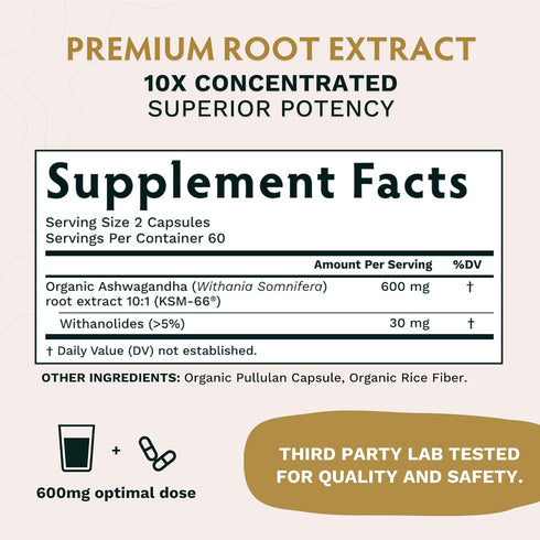 TRIBE ORGANICS Ashwagandha KSM 66 - Pure Organic Root Powder Extract for Focus, Mood Support & Energy - 600mg, 120