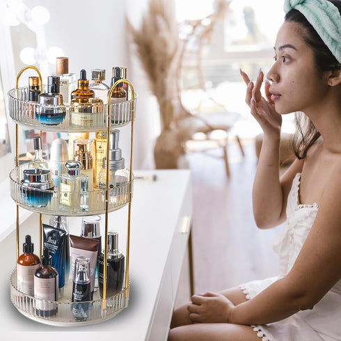 Rotating Makeup Organizer - 3 Tier Lazy Susan Trays for Skincare and Perfume, Transparent Bathroom Counter Organizer