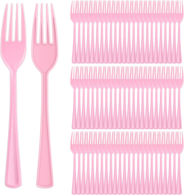 100 Pcs Colored Heavyweight Plastic Forks, 7.3 Inch Disposable Cutlery for Parties and Picnics (Pink)