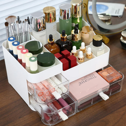 Large Capacity Makeup Organizer for Vanity, Plastic White Countertop Storage with Clear 3 Drawers for Brushes and