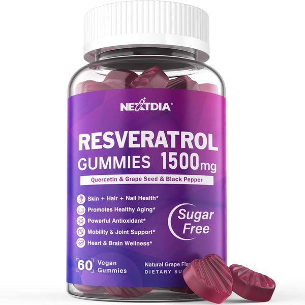 Resveratrol Gummies 1500mg, Supplement with Quercetin, Grape Seed, Red Wine, Vegan, Natural Grape Flavor, 60Ct