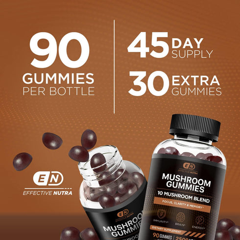 Mushroom Gummies 10 Blend - 2500mg Complex for Brain Booster, Immune Support, Energy (90ct)