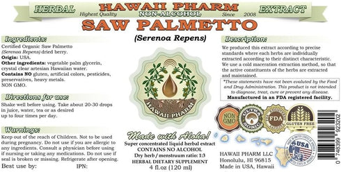 Saw Palmetto Alcohol-Free Liquid Extract, Organic Saw Palmetto (Serenoa Repens) Dried Berry Glycerite, 2 fl. oz, Hawaii