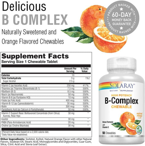 SOLARAY Vitamin B-Complex 250mg Natural Orange Flavor | Healthy Hair, Skin, Immune Function & Metabolism Support | Lab Verified | 50 Chewables