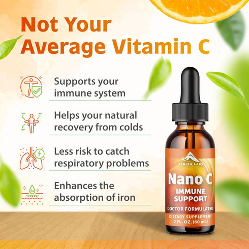 Zenith Labs Liquid Vitamin C Drops for Adults - Nano C Natural Immune Support Supplement, Vitamin C Liquid Supplement for Stronger Immunity - Nanotechnology Micro C Particles for Fast Absorption