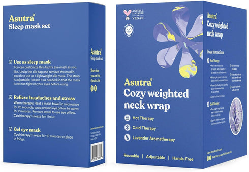 ASUTRA Navy Silk Eye Pillow and Plush Gray Weighted Neck Wrap Bundle Set - 2 Products, Weighted Eye Mask Filled with