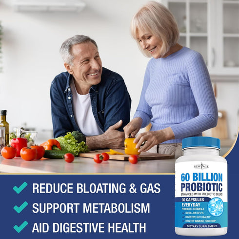 NEW AGE Probiotics | 100% Natural Digestive Enzymes | 60 Billion CFU with Prebiotic Formula - Probiotics for Women and