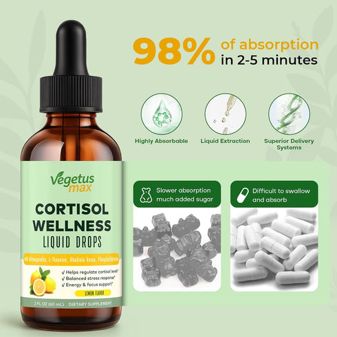 VEGETUSMAX 7-in-1 Cortisol Supplement Liquid Drops, Cortisol Theanine Rhodiola Rosea Magnesium Phosphatidylserine