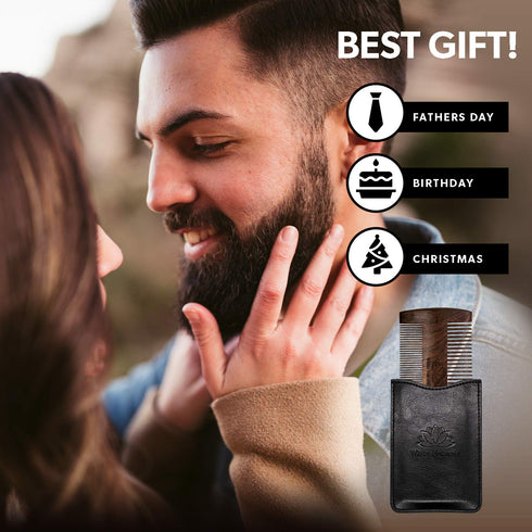 White Naturals Beard Comb for Men - Wooden Natural Sandalwood, Fine Dual Action Teeth, Includes PU Leather Case