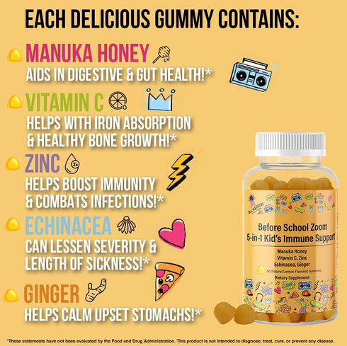 5-in-1 Kid's Immune Support Gummy with Manuka Honey, Vitamin C, Zinc, Echinacea, Ginger - 60 Count, Natural Citrus
