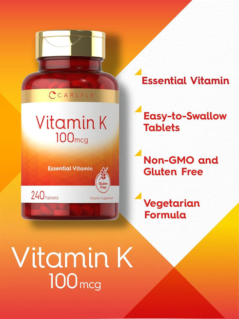 Carlyle Vitamin K 100 mcg, 240 Tablets, Vegetarian, Non-GMO, Gluten Free Supplement