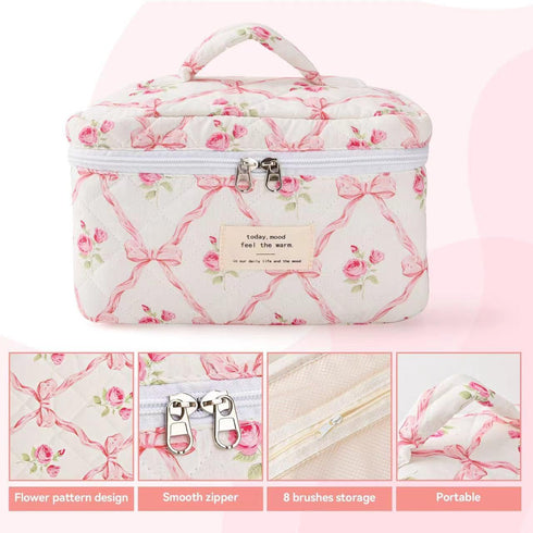 Large Travel Quilted Makeup Bag, Cute Bow Cotton Cosmetic Bag, Fashionable Aesthetic Toiletry Bag